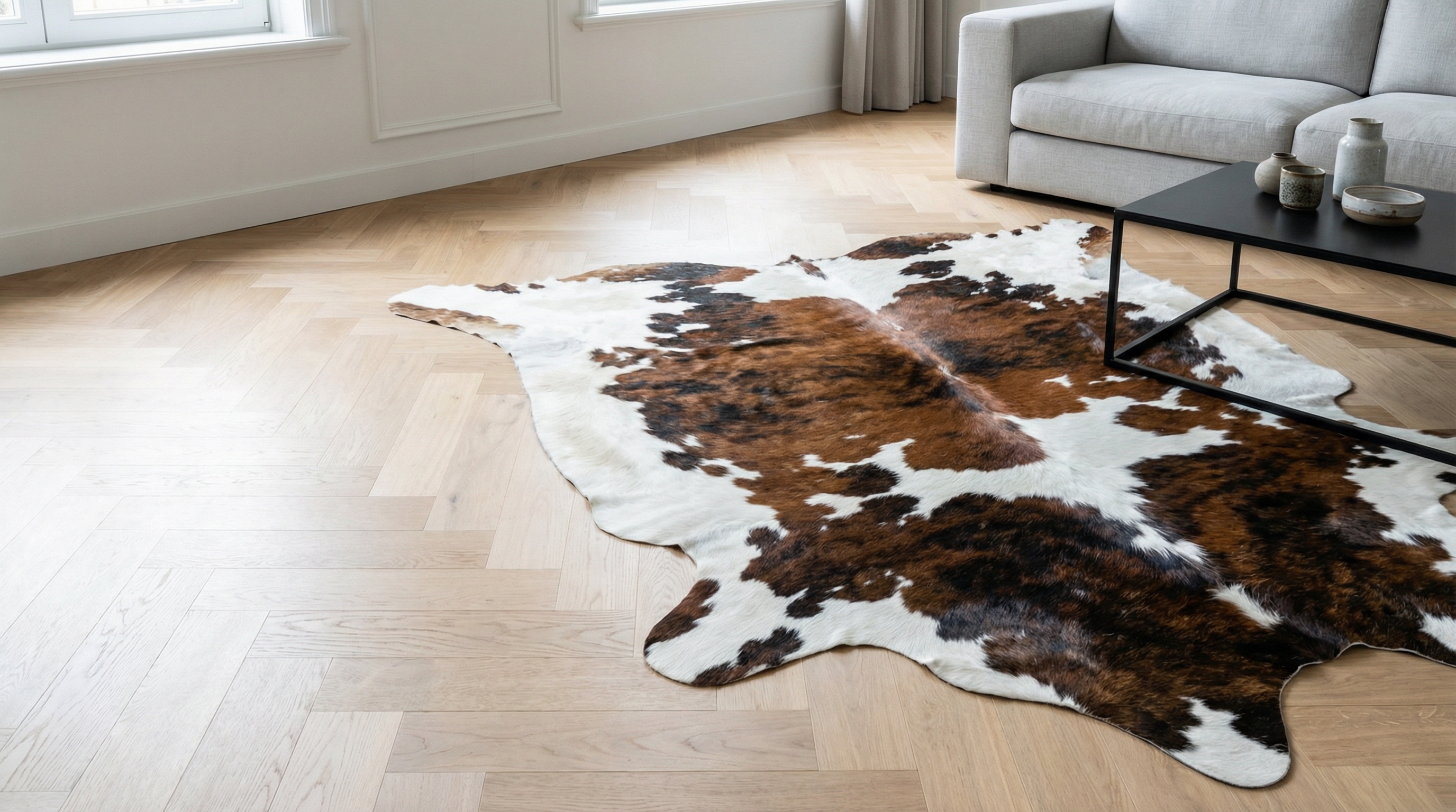 Moderne woonkamer met licht eiken visgraatvloer en een groot bruin-wit koeienhuid vloerkleed.
