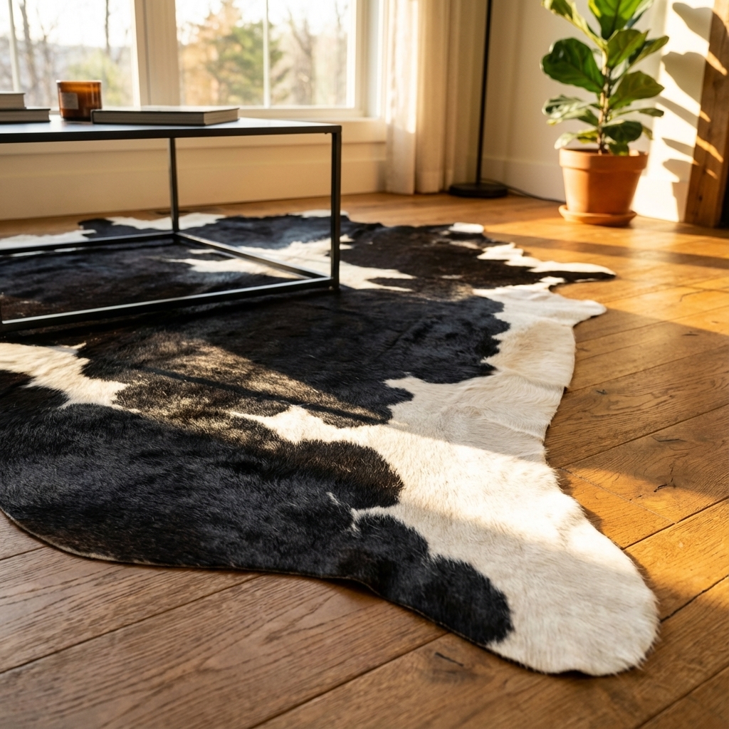 Een moderne woonkamer met een opvallend zwart-wit koeienhuid vloerkleed.